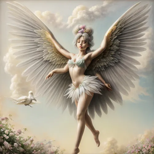 A luminous seraph with opalescent wings soars gracefully over a whimsical garden of pastel marshmallow flora. Soft, billowing clouds frame the ethereal scene, bathed in a dreamlike golden glow. Fantas