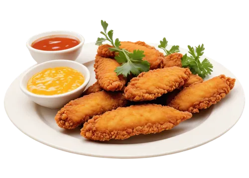 Crispy chicken tenders, golden brown, juicy meat, tender texture, breaded exterior, dipping sauce, plate garnish, fresh parsley, soft focus, 3/4 composition, warm lighting, appetizing colors.,chicken 