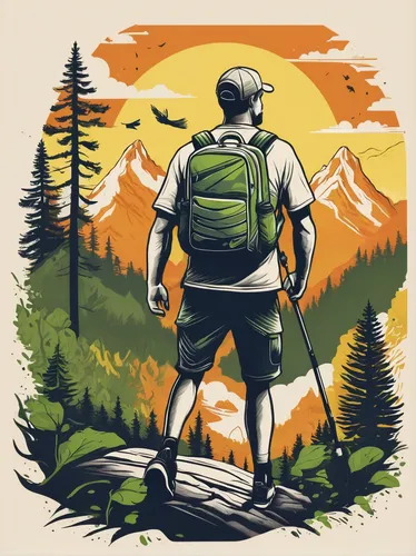 Illustrate a nature-inspired Nike tshirt graphic for an outdoor adventure brand.,hiker,mountain guide,hiking equipment,hikers,backpacking,free wilderness,trekking poles,mountain hiking,outdoor recreat