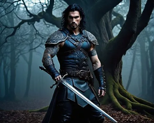 Mysterious Bartimos Celtigar, muscular man, fantasy character, dark hair, sharp facial features, piercing blue eyes, intricate tattoos on arms, black leather armor, silver buckle, worn boots, holding 