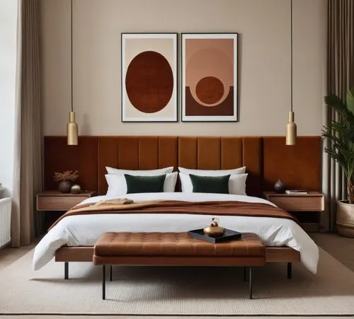 a clean modern bedroom with artwork and a bed,henningsen,minotti,mahdavi,mid century modern,modern decor,contemporary decor,Photography,General,Realistic