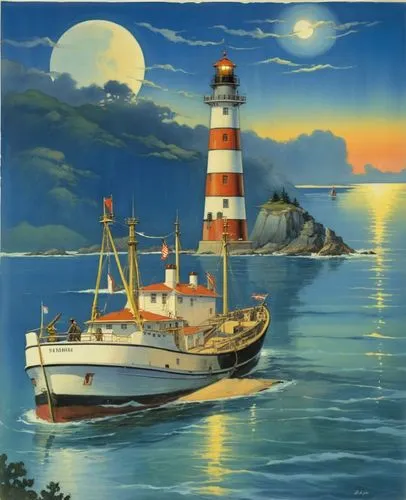 a fishing ship moves toward the lighthouse, Glowing lighthouse on the island, yellow moon, two fishing men on the ship's deck,a painting of a boat in the ocean next to a lighthouse,electric lighthouse