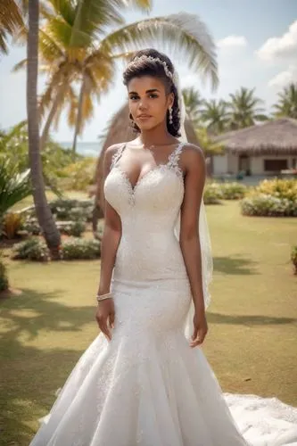 Beautiful sexy ivorian bride, smiling, in a white dress at her luxurious wedding. Outdoor, sunshine, tropical. Photorealistic. complete delicate facial makeup red lipstick, very long eyelashes, wavy h