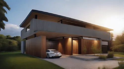 a car sits parked inside the entrance of a garage,3d rendering,modern house,folding roof,revit,passivhaus,cubic house