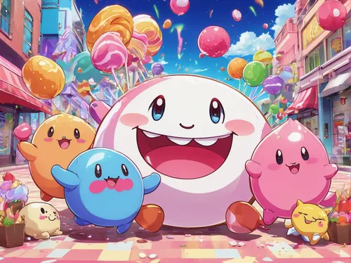 Tell a funny and playful story about a mischievous group of sugar lumps.,mallow family,kirby,birthday banner background,pixaba,yo-kai,kawaii animals,kawaii ice cream,round kawaii animals,pink family,e