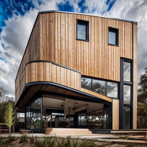 timber house,dunes house,cubic house,cube house,wooden house,modern architecture,modern house,inverted cottage,metal cladding,corten steel,frame house,wood doghouse,residential house,smart house,wooden facade,eco-construction,house shape,crooked house,flock house,laminated wood