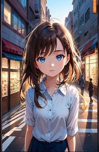 the ancient clockwork of an old-fashioned metropolis comes alive as the sun dips below the horizon, casting long shadows across the bustling streets of the city. The face of a caucasian girl, dark bro