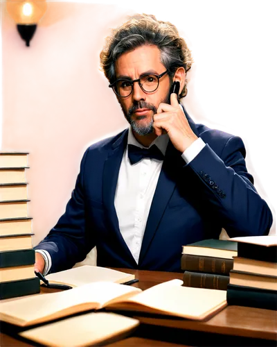 Author, male, middle-aged, glasses, beard, messy hair, wearing a suit, holding a pen, sitting at a desk, surrounded by books, warm lighting, 3/4 composition, shallow depth of field, cinematic tone.,a 