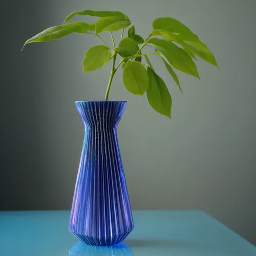 3D printed vase in blue and green iridescent color with a green plant inside. Place a table in a minimalist space with a sale in the background.,vase,stemless gentian,glass vase,ikebana,flower vase,va