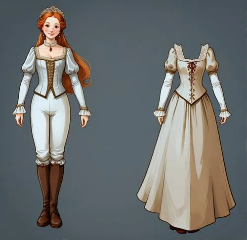 Paper doll medieval noble women in white blouse ,grey tight legging with brown boot standing with a set of elegant medieval noble dress 4 color full hd full color,bridal clothing,suit of the snow maid