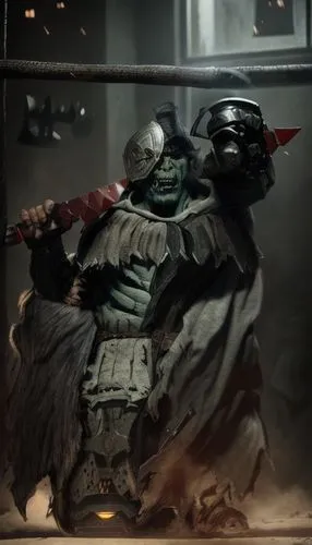 an orc with an axe bleck clothes iron mask ,doctor doom,sledge,ork,samurai,bane,shredder,boba fett,lopushok,judge hammer,kosmus,orc,spawn,warlord,fuze,samurai fighter,undead warlock,kenjutsu,iron mask