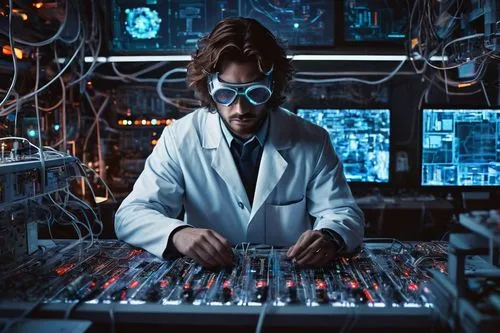 AI generateur image, futuristic laboratory, solo, male scientist, white coat, goggles, messy brown hair, intense gaze, multiple screens displaying code, complex machinery, wires, circuits, metallic ta