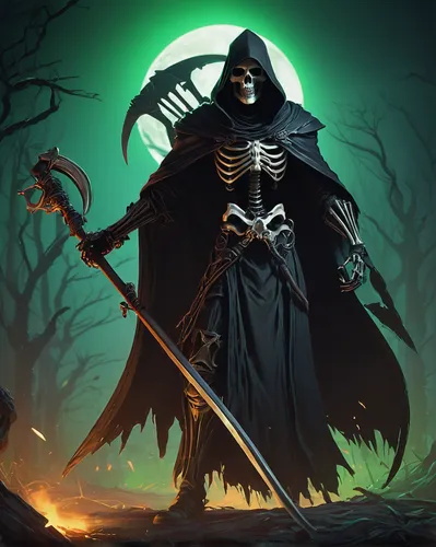 grimm reaper,grim reaper,undead warlock,dance of death,reaper,skeleltt,scythe,death god,halloween background,danse macabre,halloween banner,halloween vector character,skeletons,halloween wallpaper,dodge warlock,skeletal,angel of death,halloween poster,skeleton key,vanitas,Illustration,Retro,Retro 25