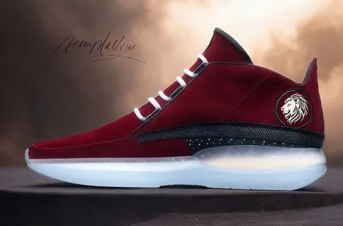 Suede sneaker, Lion head logo on vamp,  clear gel inlay on sole, dark red with black and white trim color scheme ,Suede sport shoe red,zanotti,jordan shoes,lebron james shoes,burgundy 81,basketball sh