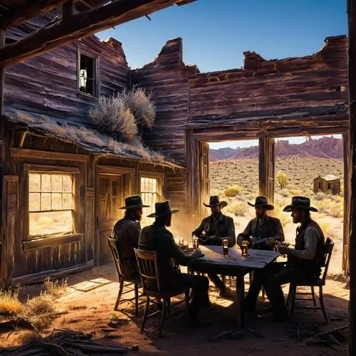 featured six people sitting at a saloon, in the old west sipping 5 glasses of beer, with 2 guitars in the background,highwaymen,cowboy silhouettes,pioneertown,wild west hotel,westerns,gunfighters,wilb