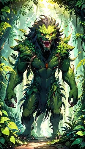 forest king lion,forest man,druid grove,druid,forest animal,forest dragon,swamp,green dragon,patrol,undergrowth,dryad,waldmeister,werewolf,forest background,leopard's bane,leafy,overgrown,tree man,tarzan,feral,Anime,Anime,Realistic