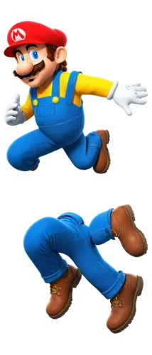 Mario, free, jumping, red hat, blue overalls, yellow buttons, white gloves, mustache, happy expression, dynamic pose, detailed texture, cartoon style, vibrant colors, soft shading, 3/4 composition, wi