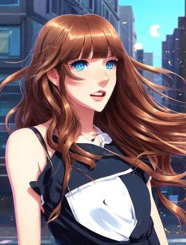 a young caucasian girl 25 years old, brown flowing hair, blue eyes, red lips and confident expression wearing a glamorous black dress stand up at sunset in a street of Berlin as background,hinata,miku