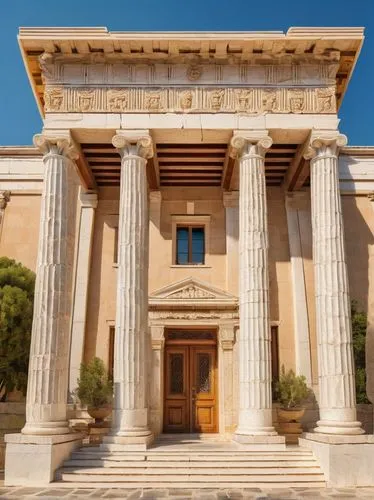 Ancient Greek architecture, grandiose columns, ornate carvings, majestic entrance, white marble material, detailed stone texture, symmetrical structure, intricate sculptures, beautiful gardens, sunny 