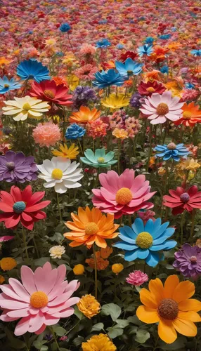 Design a magical wonderland with 3D flowers blooming everywhere.,flower carpet,blanket of flowers,sea of flowers,field of flowers,flower field,flower blanket,flowers field,gerbera daisies,colorful flo