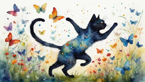 A whimsical watercolor cat dances with colorful butterflies in a magical meadow.,watercolor cat,chasing butterflies,whimsical animals,magpie cat,throwing leaves,watercolor background,cat on a blue bac