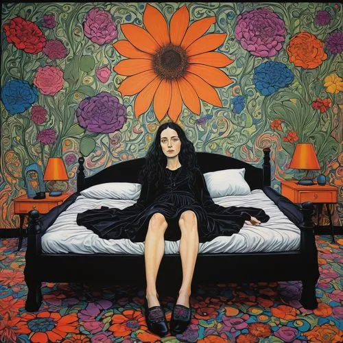 woman on bed,the room,girl in bed,girl in flowers,flower blanket,stereogum,Illustration,Children,Children 03