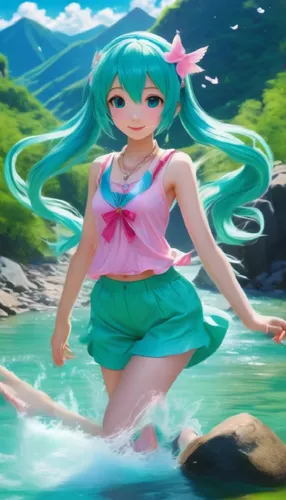 a beautiful girl standing in the water,mermaid background,hatsune miku,ponsana,sanae,hatsune,umiuchiwa