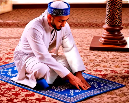 Muslim man, praying, kneeling, hands clasped, white robe, blue patterned headscarf, brown sandals, toes pointed, mosque carpet, intricate patterns, soft warm lighting, 3/4 composition, shallow depth o