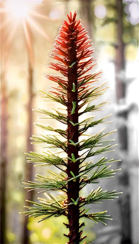 Pine sucker, brownish-red skin, juicy flesh, green leaves, tiny needles, conical shape, morning dew, soft sunlight filtering through pine trees, 3/4 composition, shallow depth of field, warm color ton