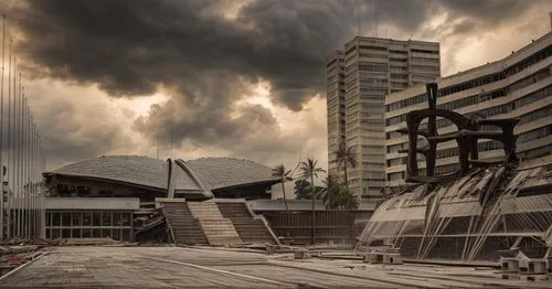 destroyed building because war and disaster fire and tornado, sky light,toronto city hall,autostadt wolfsburg,brutalist architecture,katowice,bundestag,post-apocalyptic landscape,ekaterinburg,potsdame