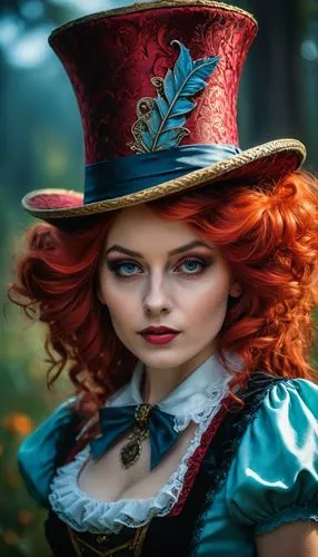 Give me the femenine version of the crazy hat from Alice in wonderland, red hair, magic style. Young woman how looks like femenine version of the daughter of Johnny Depp.,hatter,triss,victorian lady,r