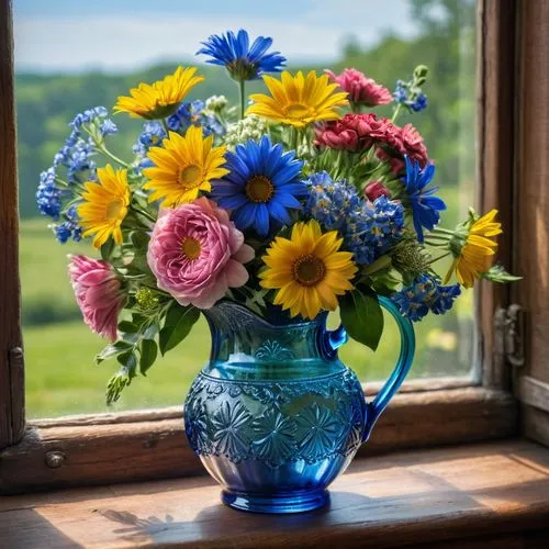 blue daisies,sunflowers in vase,flower vase,summer flowers,blue flowers,glass vase,Photography,General,Natural