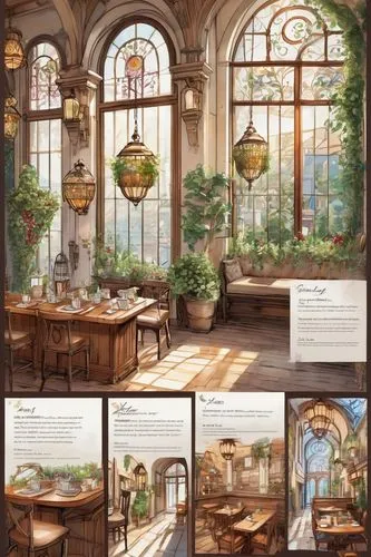 watercolor tea shop,watercolor cafe,herbology,violet evergarden,background design,teahouse,backgrounds,paris cafe,teahouses,art nouveau frames,tearoom,potted plants,teashop,background scrapbook,tearooms,the coffee shop,conservatory,houseplants,dialogue window,cool backgrounds,Unique,Design,Character Design