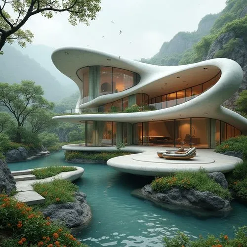 futuristic architecture,floating island,futuristic landscape,asian architecture,shaoming,dreamhouse