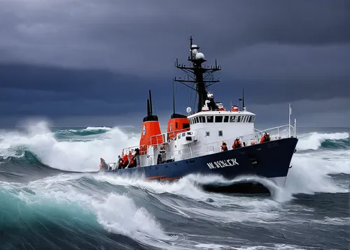 Describe a coast guard patrol in a stormy ocean, rescuing stranded sailors.,pilot boat,uscg seagoing buoy tender,coast guard,united states coast guard cutter,marine protector-class coastal patrol boat