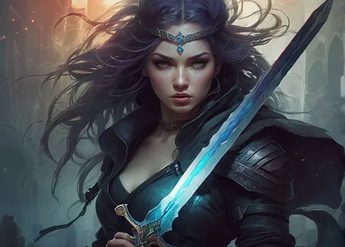 swordswoman,female warrior,dark elf,fantasy portrait,huntress,warrior woman,fantasy art,blue enchantress,sorceress,heroic fantasy,fantasy warrior,fantasy woman,the enchantress,fantasy picture,katana,sci fiction illustration,elven,vampire woman,widow,widowmaker,Illustration,Realistic Fantasy,Realistic Fantasy 15