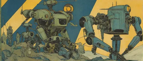 droids,storm troops,robots,mecha,excavators,droid,mech,patrols,tau,c-3po,sci fi,kosmus,yellow machinery,machines,travel poster,atomic age,bot,sci-fi,sci - fi,turrets,Illustration,Retro,Retro 07