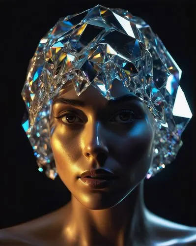 faceted diamond,facets,crystal ball-photography,prism,crystal ball,prism ball,light mask,diamond,head woman,foil,geometric ai file,aluminium foil,crystal,sapphire,crystalline,diamond-heart,powerglass,cubic zirconia,aura,veil,Unique,3D,Modern Sculpture