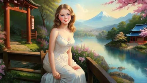 Romantic masterpiece oil painting, cute girl portrait, nostalgic 1950's style kitsch, beautiful exotic rural vast Japanese landscape, cherry blossom scenery, Shinto Japanese sakura, flower petals, by 