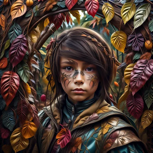 girl in a wreath,girl with tree,fantasy portrait,mystical portrait of a girl,dryad,child portrait,world digital painting,fantasy art,little girl in wind,autumn wreath,girl portrait,digital painting,girl in the garden,colored leaves,falling on leaves,fable,dried leaves,autumn leaves,kahila garland-lily,leafed through