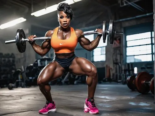 Ebony female bodybuilder, muscular physique, toned legs, strong calves, athletic build, dark skin, short hair, intense gaze, bold eyebrows, sweat dripping down, gym clothes, sports bra, fitted shorts,