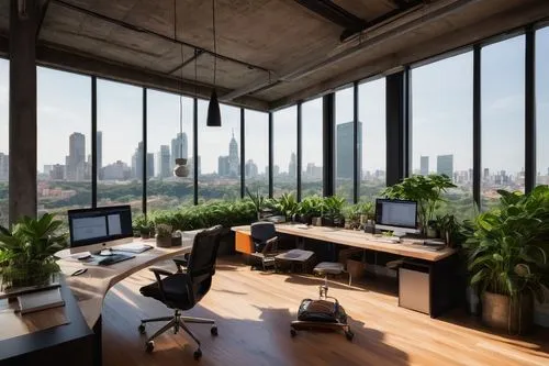 Modern architectural office, Carib Daniel Martin Architecture and Design LLC, glass walls, wooden floors, sleek metal furniture, minimalist decor, plenty of natural light, urban cityscape views, concr