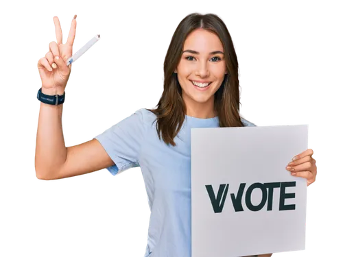 Vote sign, ballot box, hand holding pencil, thumb up, smiling face, casual clothes, jeans, white shirt, brown hair, subtle makeup, natural lighting, 3/4 composition, shallow depth of field, vibrant co