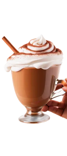 Steaming cup, transparent glass, rich brown hot chocolate, whipped cream topping, sprinkle of cinnamon or cocoa powder, delicate hand holding cup, finger curled around handle, warm lighting, cozy atmo