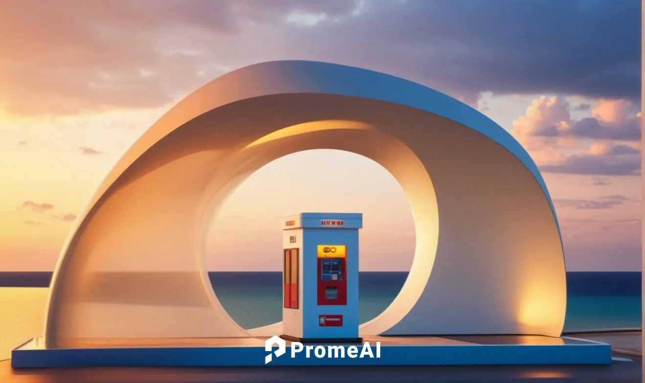 Create an image depicting a cutting-edge petrol station located on the sea. The station features a single, futuristic gas tank designed specifically for fueling speedboats. The tank stands on a small 