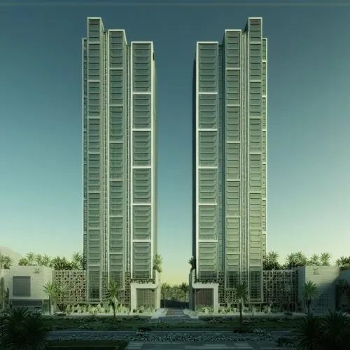 two tall white buildings in a tropical setting,medini,urban towers,xujiahui,residential tower,huzhou,noida,Illustration,Realistic Fantasy,Realistic Fantasy 07