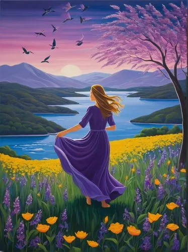 purple landscape,la violetta,lavender fields,fantasy picture,landscape background,girl in flowers,springtime background,lavender field,the lavender flower,art painting,meadow landscape,celtic woman,oil painting on canvas,flower painting,dubbeldam,field of flowers,riverdance,purple pageantry winds,splendor of flowers,primavera,Conceptual Art,Oil color,Oil Color 13