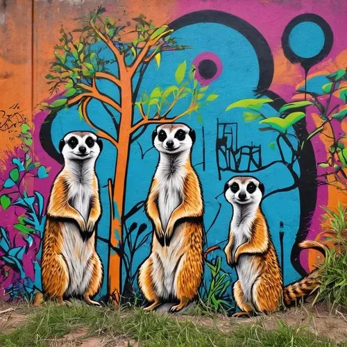meerkats,lemurs,zoo pilsen,sifaka,lemur,raccoons,madagascar,slow loris,gazelles,pandas,whimsical animals,graffiti art,ring-tailed,coatimundi,urban street art,grafitti,mural,meerkat,streetart,anthropomorphized animals,Conceptual Art,Graffiti Art,Graffiti Art 07