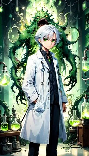 biologist,apothecary,scientist,physician,doctor,theoretician physician,ship doctor,gin,absinthe,poison,magician,fish-surgeon,professor,butler,portrait background,piko,the son of lilium persicum,pathologist,medusa gorgon,halloween frankenstein,Anime,Anime,General