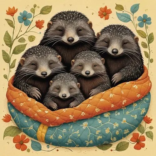 hedgehogs,hedgehogs hibernate,hedgehog heads,basket of fruit,otters,fall animals,basket of apples,nesting dolls,round kawaii animals,bread basket,amur hedgehog,picnic basket,raccoons,hedgehog,acorns,whimsical animals,round animals,sardines,squirrels,small animals,Illustration,Realistic Fantasy,Realistic Fantasy 29